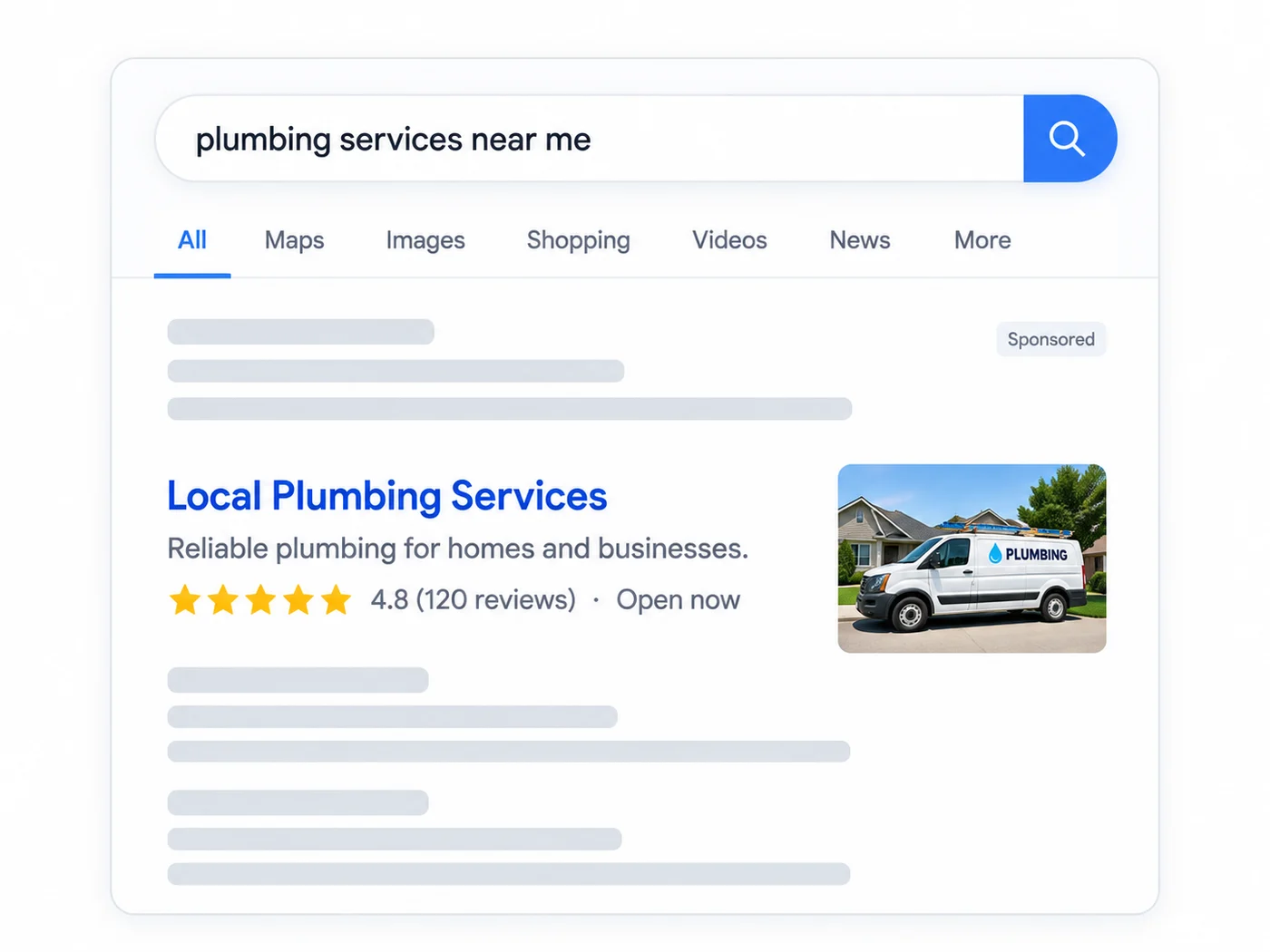 A Google results page for plumbing services near me, with the local pack ranked first
