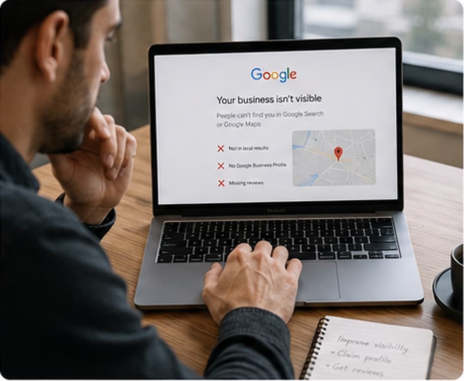 Business owner reviewing local search visibility on a laptop