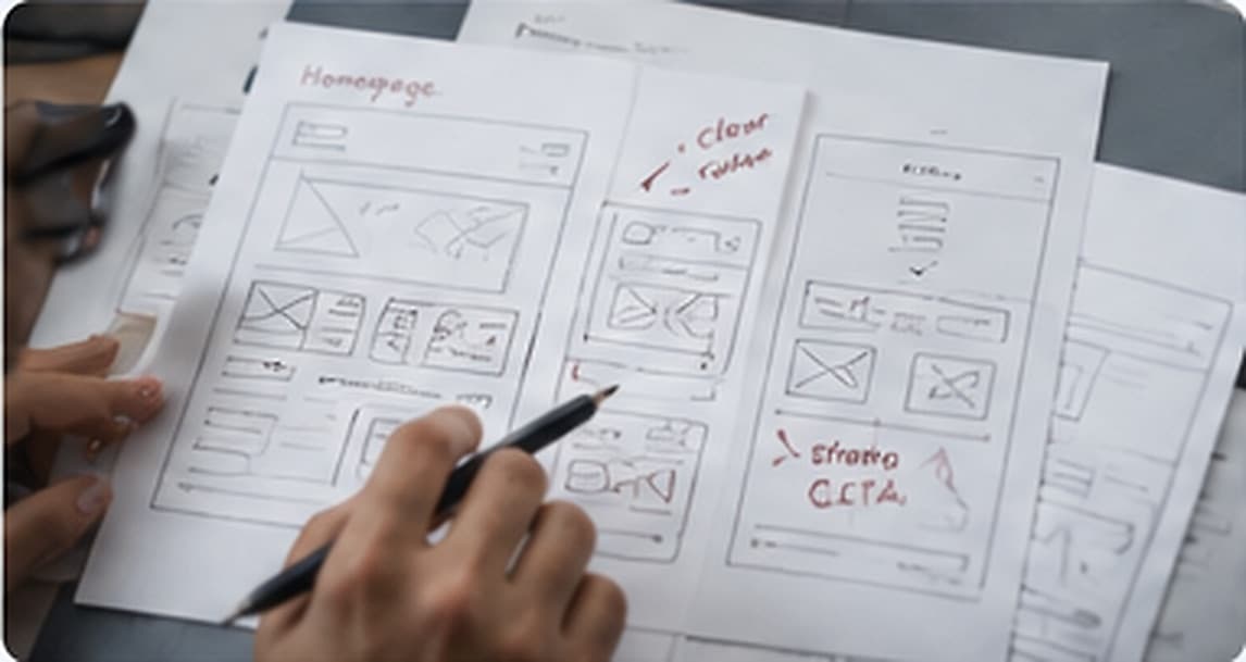 Hand-drawn wireframes being annotated