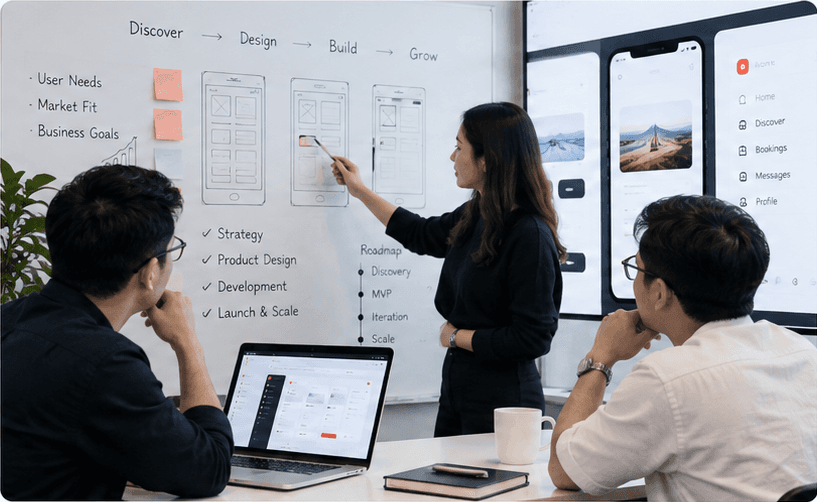 A product team reviewing wireframes and a roadmap on a whiteboard