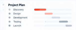 A project plan with discovery, design, development, testing and launch bars