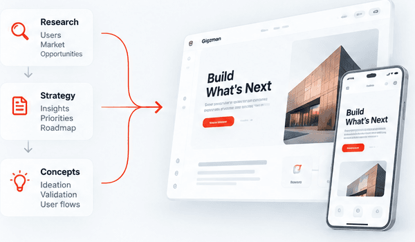 A research, strategy and concepts flow feeding a website and app design